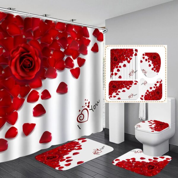 Red Shower Curtain 3D Digital Printing Flowers Waterproof Polyester Bathroom Set with Colorful Curtains and Bath Mats Rugs - Image 3