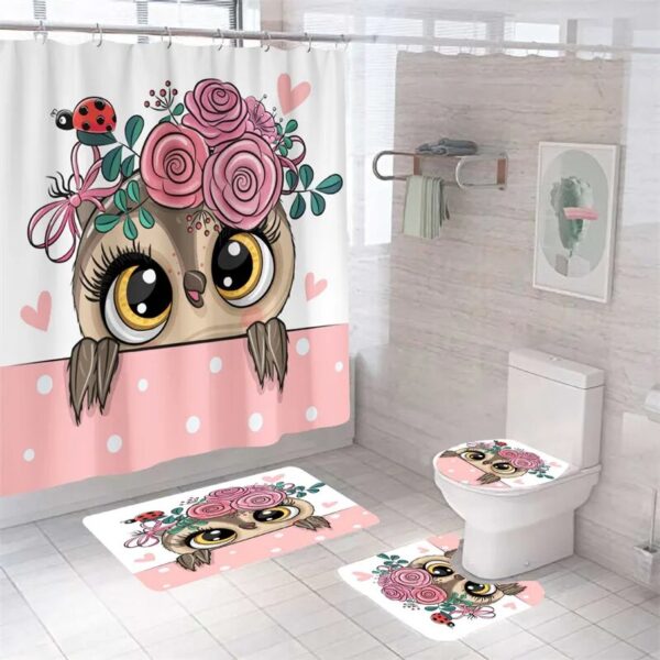 Bird Curtains Cartoon Owl 3D Print Shower Curtain, Waterproof Bath Mat Set, Toilet Rugs, Anti-slip Carpet for Home Decoration with Hooks - Image 2