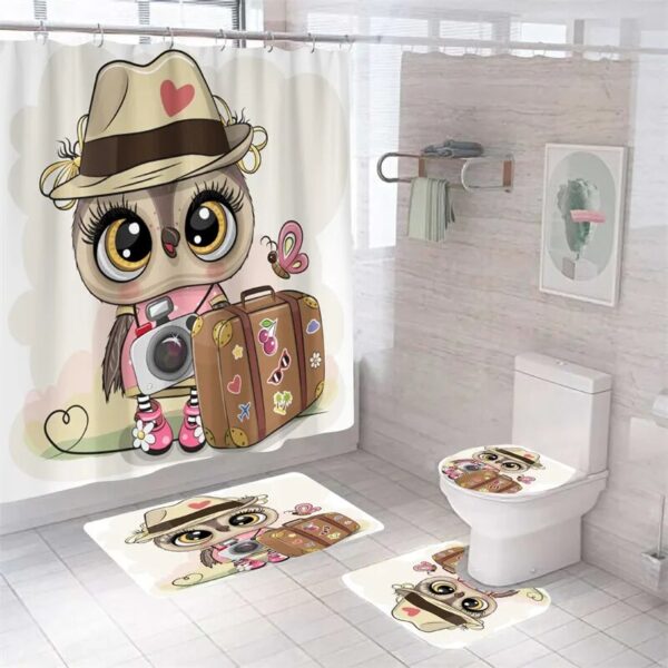 Bird Curtains Cartoon Owl 3D Print Shower Curtain, Waterproof Bath Mat Set, Toilet Rugs, Anti-slip Carpet for Home Decoration with Hooks - Image 3