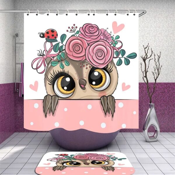 Bird Curtains Cartoon Owl 3D Print Shower Curtain, Waterproof Bath Mat Set, Toilet Rugs, Anti-slip Carpet for Home Decoration with Hooks - Image 4