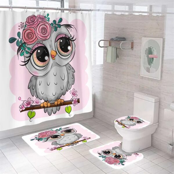 Bird Curtains Cartoon Owl 3D Print Shower Curtain, Waterproof Bath Mat Set, Toilet Rugs, Anti-slip Carpet for Home Decoration with Hooks
