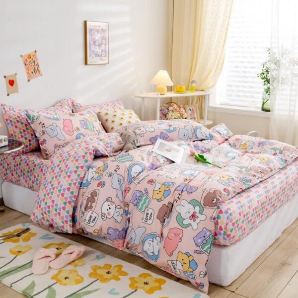 Kawaii Bed Sheets Adorable Bear-Themed Bedding Set for Kids in Single and Double Sizes