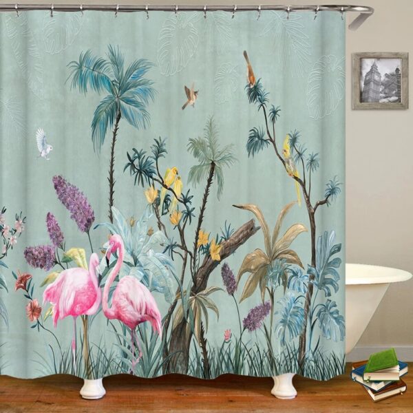 Flamingo Shower Curtain Tropical 3D Printing with Plants, Flowers, and Birds, Waterproof Polyester Bathroom Decor Curtain - Image 3