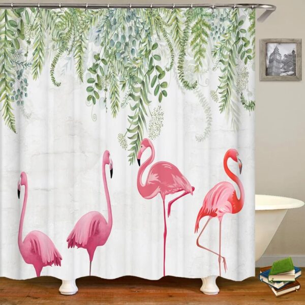 Flamingo Shower Curtain Tropical 3D Printing with Plants, Flowers, and Birds, Waterproof Polyester Bathroom Decor Curtain - Image 2