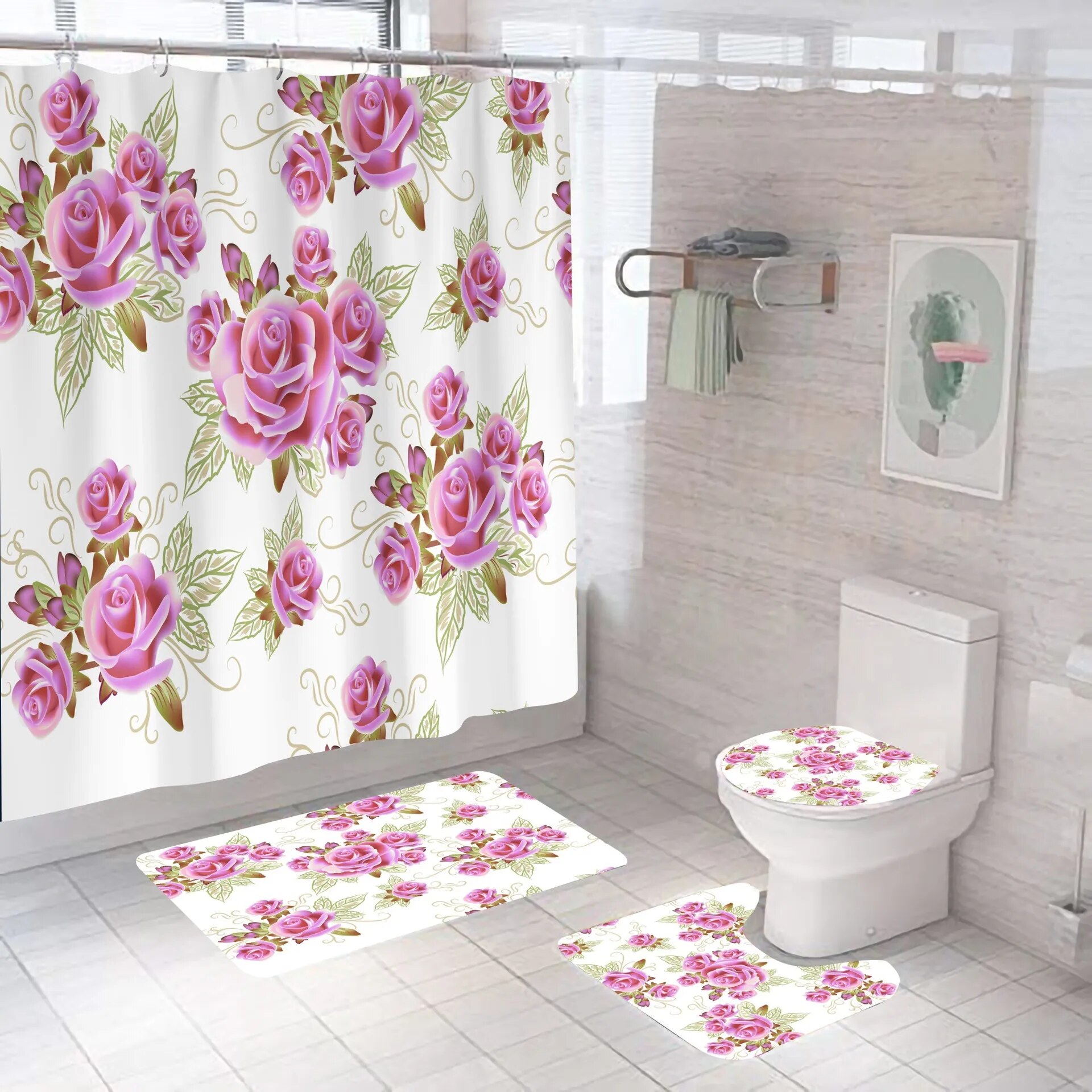 Red Shower Curtain 3D Digital Printing Flowers Waterproof Polyester Bathroom Set with Colorful Curtains and Bath Mats Rugs