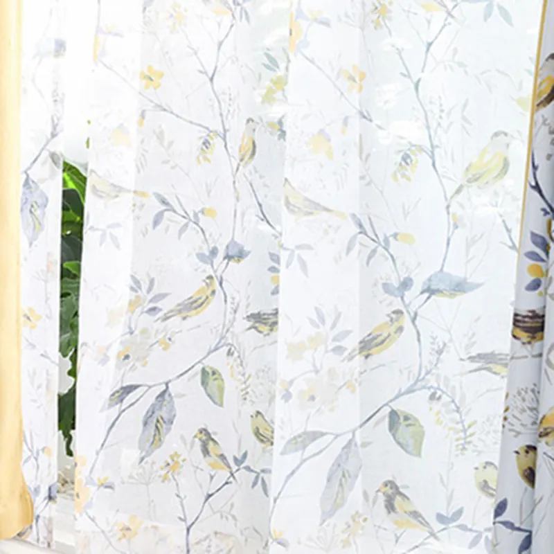 Bird Curtains Pastoral Bird Print Half Blackout Curtains for Living Room and Bedroom with Tulle Cortina Fabric Drapes