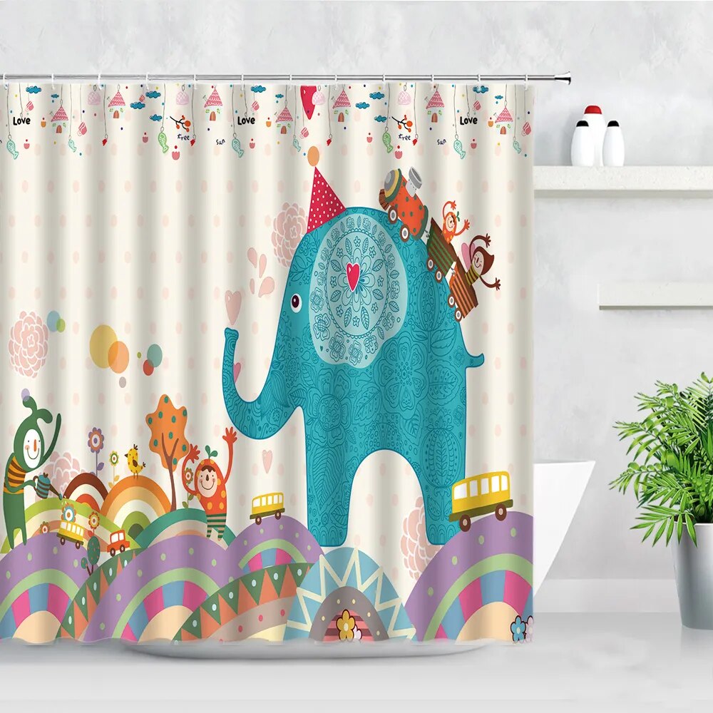 Elephant Shower Curtain Cartoon Animals Children Bathroom Decor Waterproof Bath Curtain Set Kids Gift