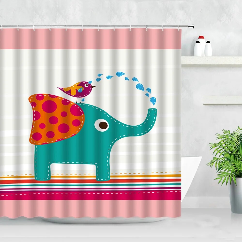 Elephant Shower Curtain Cartoon Animals Children Bathroom Decor Waterproof Bath Curtain Set Kids Gift