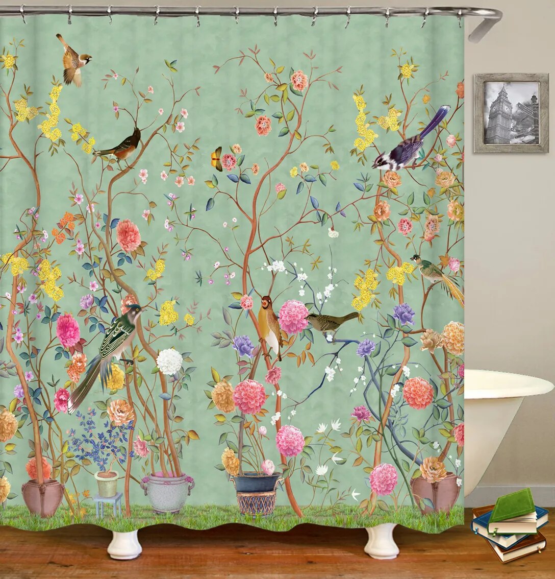 Bird Curtains Chinese Style Flower and Birds Tree Shower Curtain - Waterproof Bathroom Decor with 3D Printing and Hooks