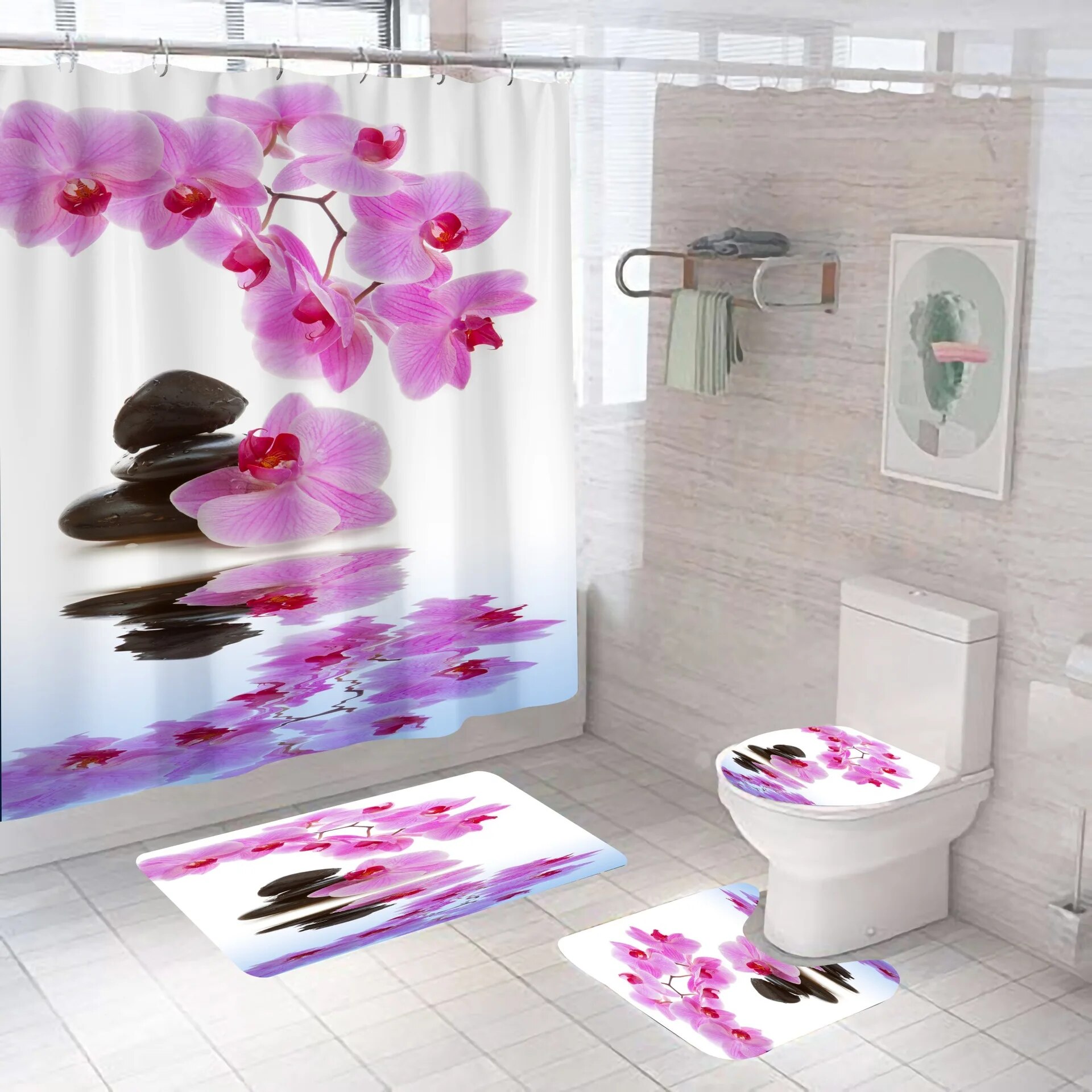 Red Shower Curtain 3D Digital Printing Flowers Waterproof Polyester Bathroom Set with Colorful Curtains and Bath Mats Rugs