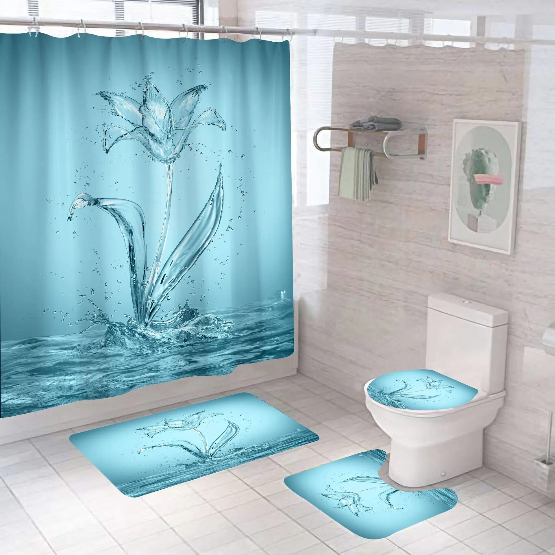 Red Shower Curtain 3D Digital Printing Flowers Waterproof Polyester Bathroom Set with Colorful Curtains and Bath Mats Rugs