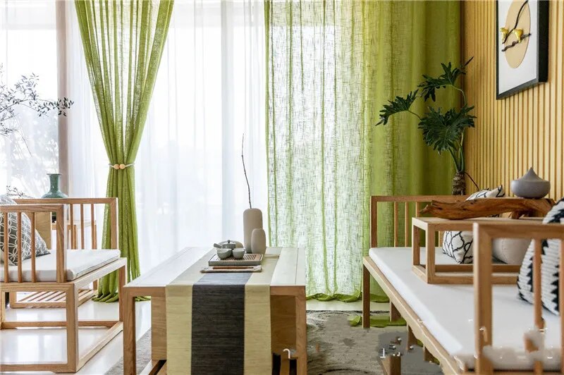 Green Linen Curtains Thick Cross Linen Voile Curtains for Modern Living Room and Bedroom - Simple Window Screen Blinds and Tulle Window Drapes