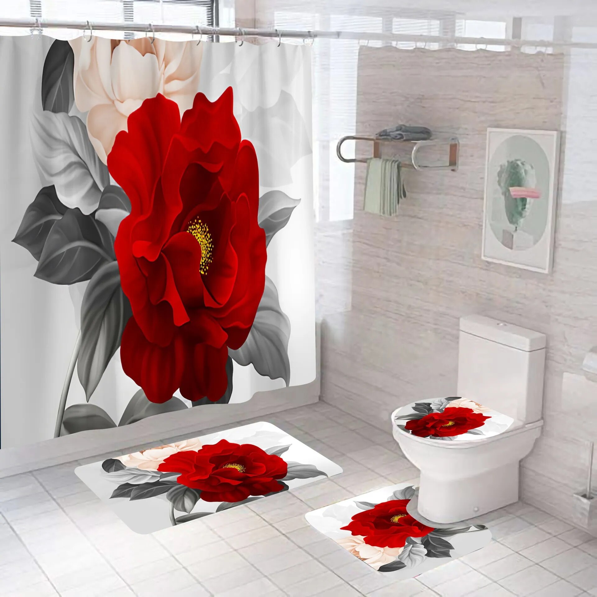 Red Shower Curtain 3D Digital Printing Flowers Waterproof Polyester Bathroom Set with Colorful Curtains and Bath Mats Rugs