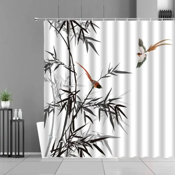Bamboo Leaves and Bird Shower Curtains Set Featuring Mountain Water Plant Landscape - Waterproof Bathroom Curtain for Retro Home Decor