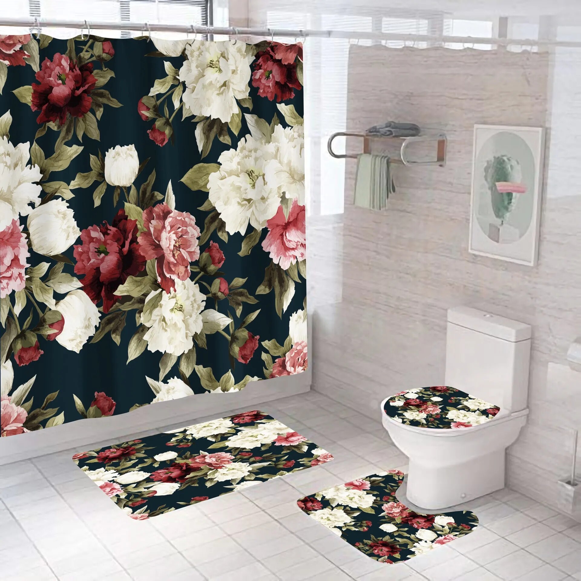 Red Shower Curtain 3D Digital Printing Flowers Waterproof Polyester Bathroom Set with Colorful Curtains and Bath Mats Rugs
