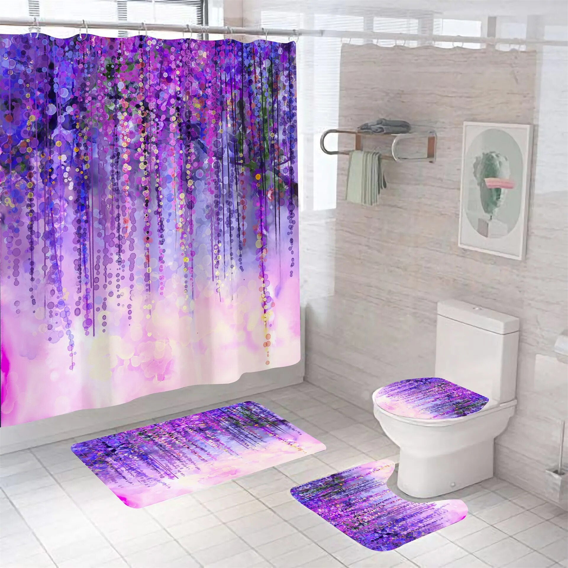 Red Shower Curtain 3D Digital Printing Flowers Waterproof Polyester Bathroom Set with Colorful Curtains and Bath Mats Rugs