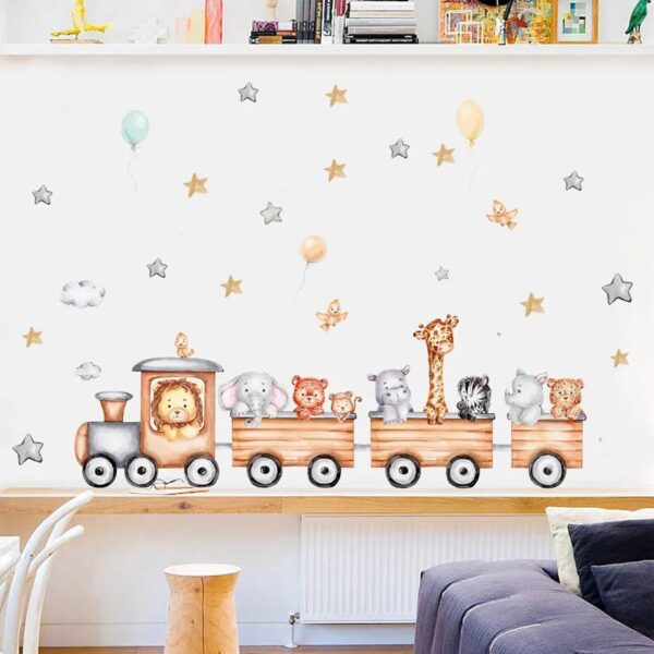 Cartoon Animals Wall Stickers for Kids' Rooms - Giraffe, Elephant, Train, Birds, Stars - Baby Room Decor - Image 3