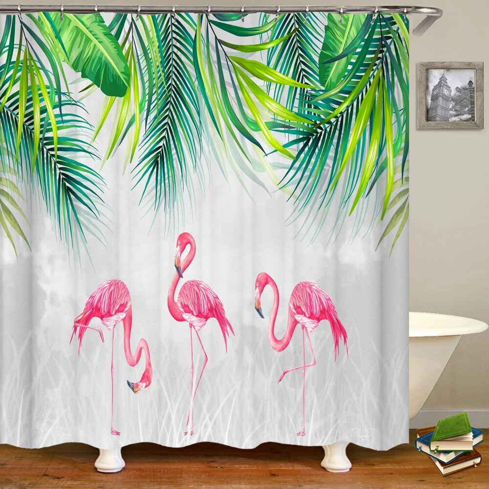 Flamingo Shower Curtain Tropical 3D Printing with Plants, Flowers, and Birds, Waterproof Polyester Bathroom Decor Curtain