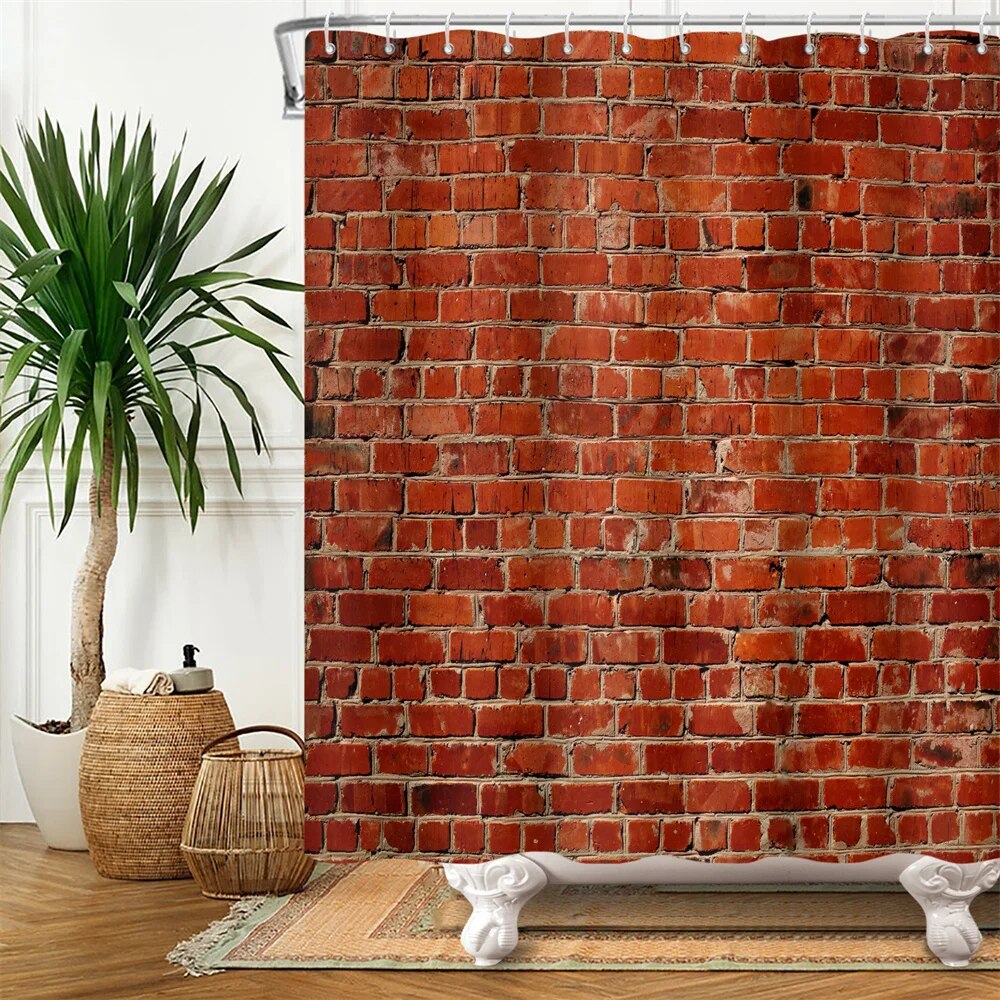 Red Shower Curtain Vintage Red Brick Design, Waterproof Polyester Bathroom Curtain with Hooks for Home Decor.