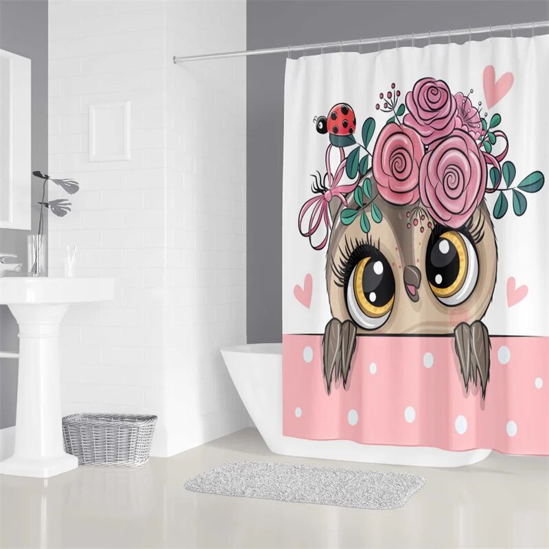 Bird Curtains Cartoon Owl 3D Print Shower Curtain, Waterproof Bath Mat Set, Toilet Rugs, Anti-slip Carpet for Home Decoration with Hooks