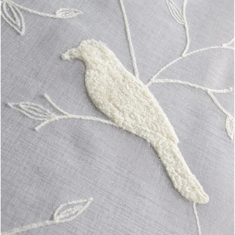 Bird Curtains 3D Embroidery Drape Sheer Curtains with Bird Pattern for Living Room Window in White Tulle