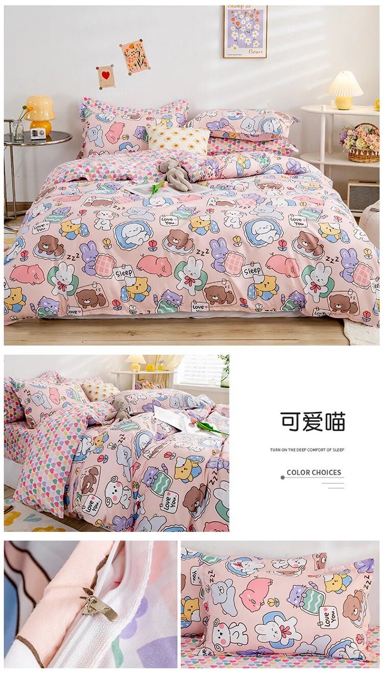 Kawaii Bed Sheets Adorable Bear-Themed Bedding Set for Kids in Single and Double Sizes