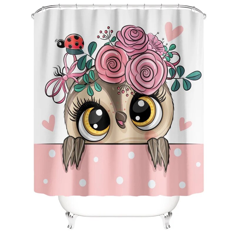 Bird Curtains Cartoon Owl 3D Print Shower Curtain, Waterproof Bath Mat Set, Toilet Rugs, Anti-slip Carpet for Home Decoration with Hooks