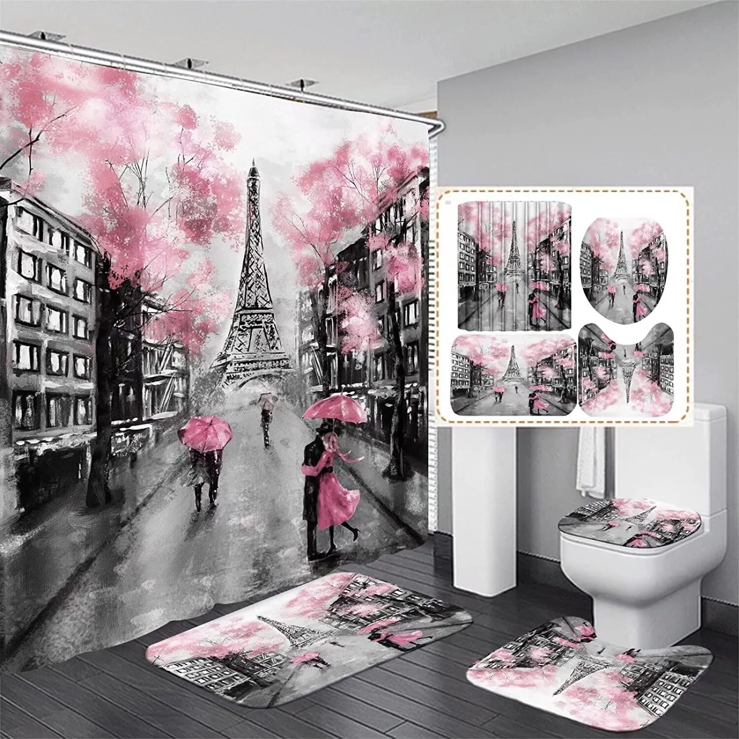 Red Shower Curtain 3D Digital Printing Flowers Waterproof Polyester Bathroom Set with Colorful Curtains and Bath Mats Rugs