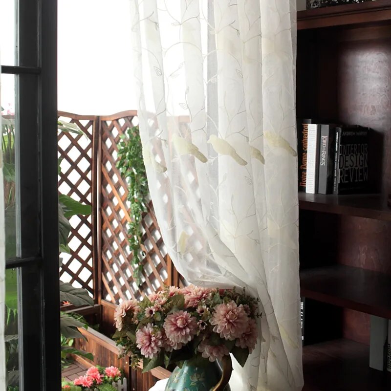 Bird Curtains 3D Embroidery Drape Sheer Curtains with Bird Pattern for Living Room Window in White Tulle