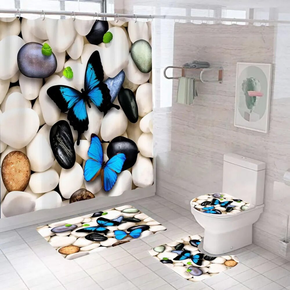 Red Shower Curtain 3D Digital Printing Flowers Waterproof Polyester Bathroom Set with Colorful Curtains and Bath Mats Rugs