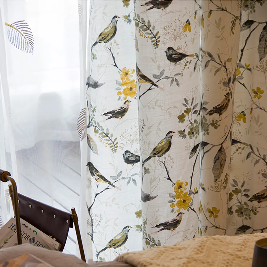 Bird Curtains Pastoral Bird Print Half Blackout Curtains for Living Room and Bedroom with Tulle Cortina Fabric Drapes
