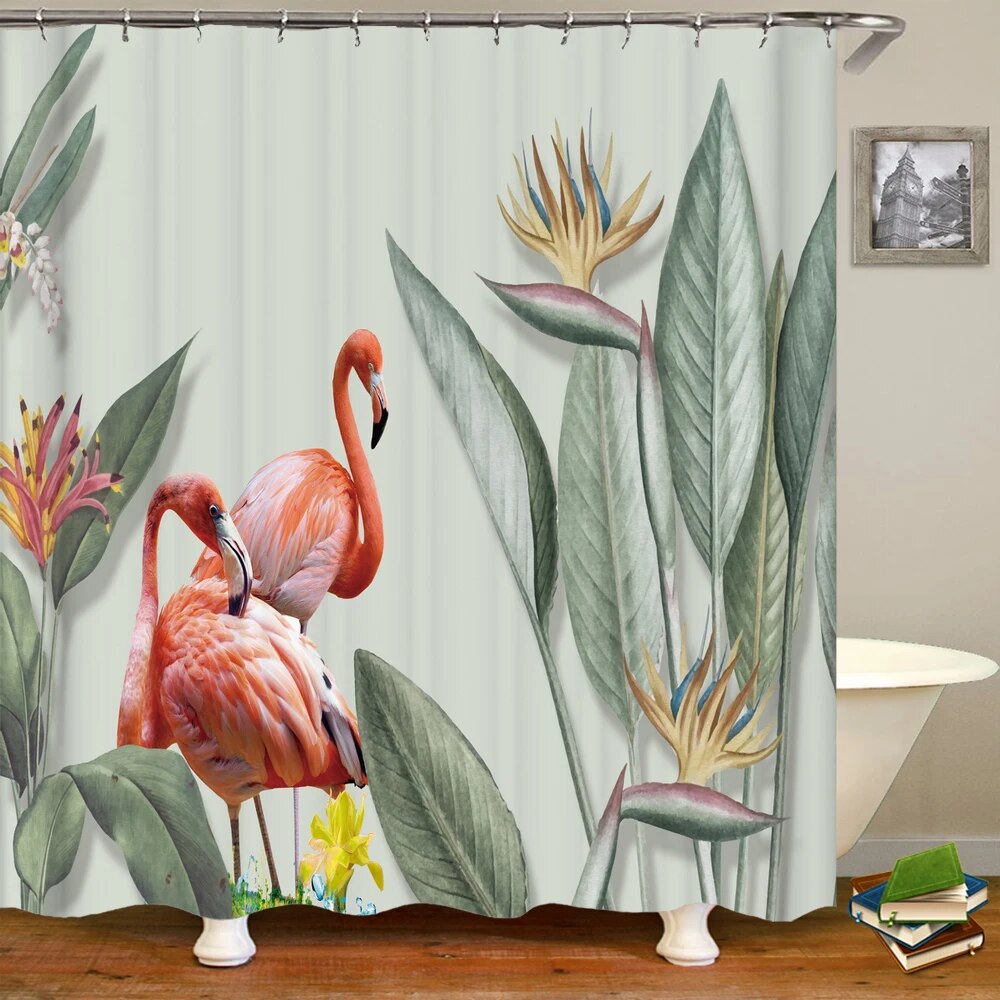 Flamingo Shower Curtain Tropical 3D Printing with Plants, Flowers, and Birds, Waterproof Polyester Bathroom Decor Curtain