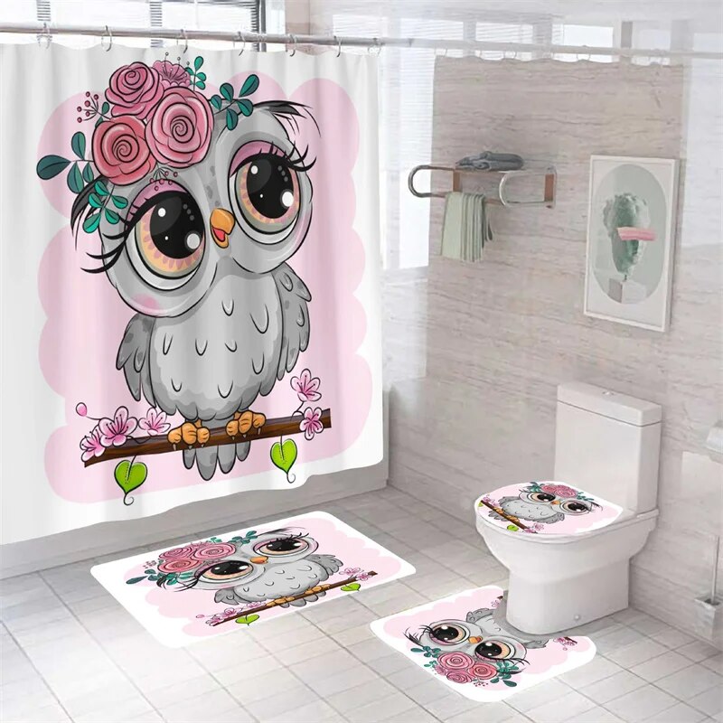 Bird Curtains Cartoon Owl 3D Print Shower Curtain, Waterproof Bath Mat Set, Toilet Rugs, Anti-slip Carpet for Home Decoration with Hooks