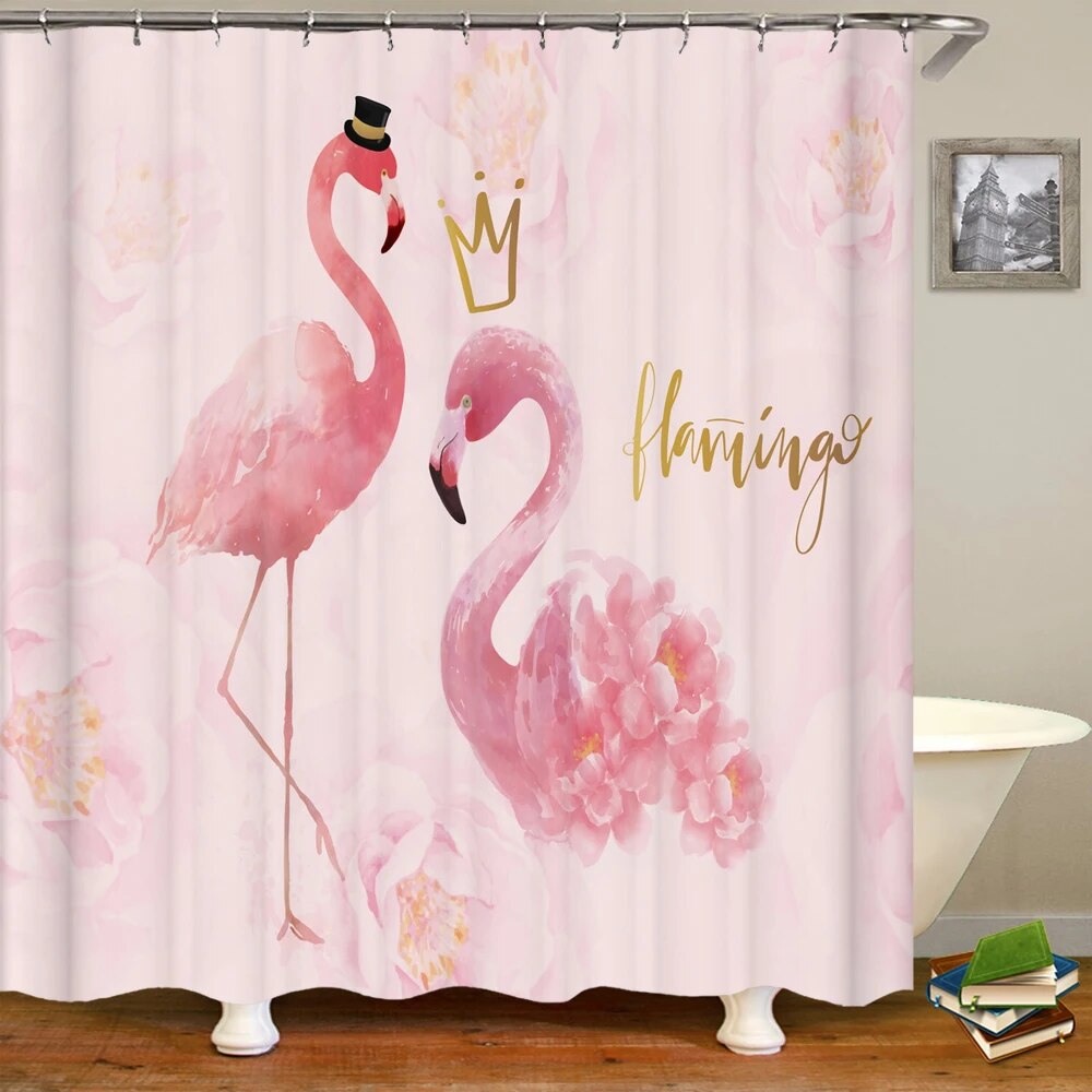 Flamingo Shower Curtain Tropical 3D Printing with Plants, Flowers, and Birds, Waterproof Polyester Bathroom Decor Curtain