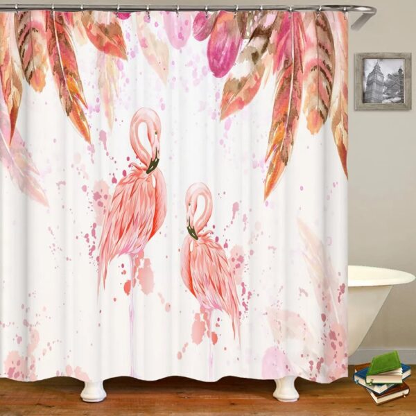 Flamingo Shower Curtain Tropical 3D Printing with Plants, Flowers, and Birds, Waterproof Polyester Bathroom Decor Curtain