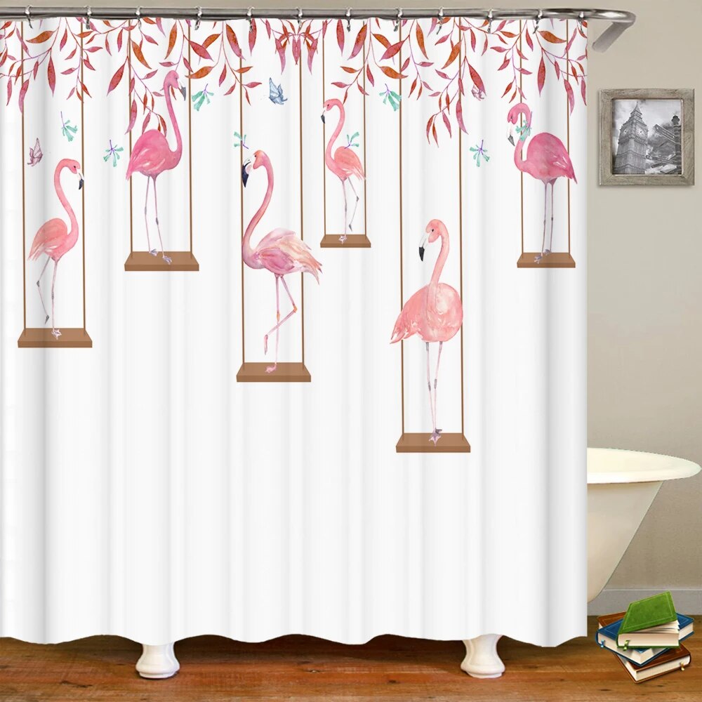 Flamingo Shower Curtain Tropical 3D Printing with Plants, Flowers, and Birds, Waterproof Polyester Bathroom Decor Curtain