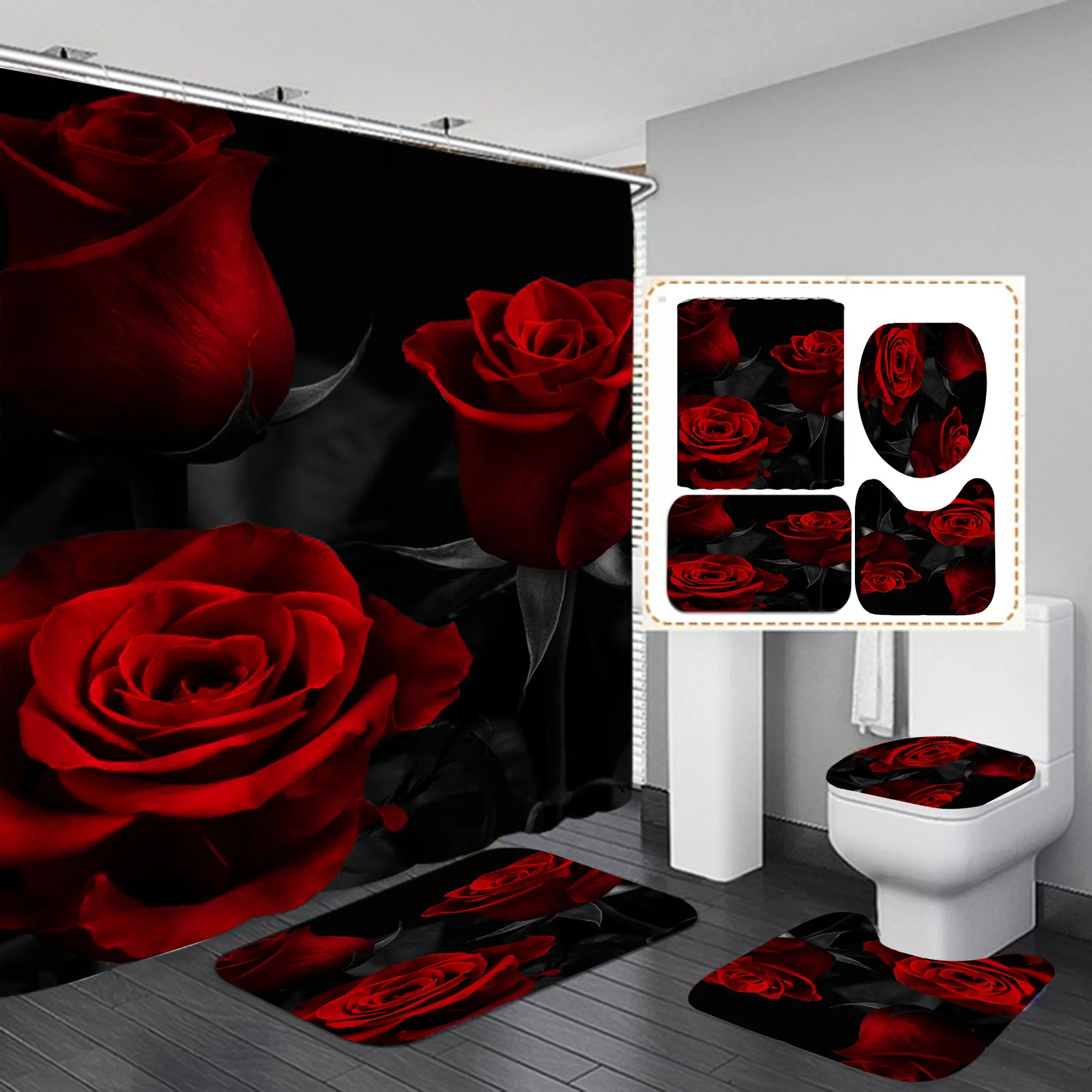 Red Shower Curtain 3D Digital Printing Flowers Waterproof Polyester Bathroom Set with Colorful Curtains and Bath Mats Rugs