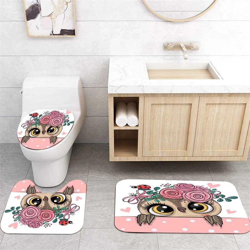 Bird Curtains Cartoon Owl 3D Print Shower Curtain, Waterproof Bath Mat Set, Toilet Rugs, Anti-slip Carpet for Home Decoration with Hooks