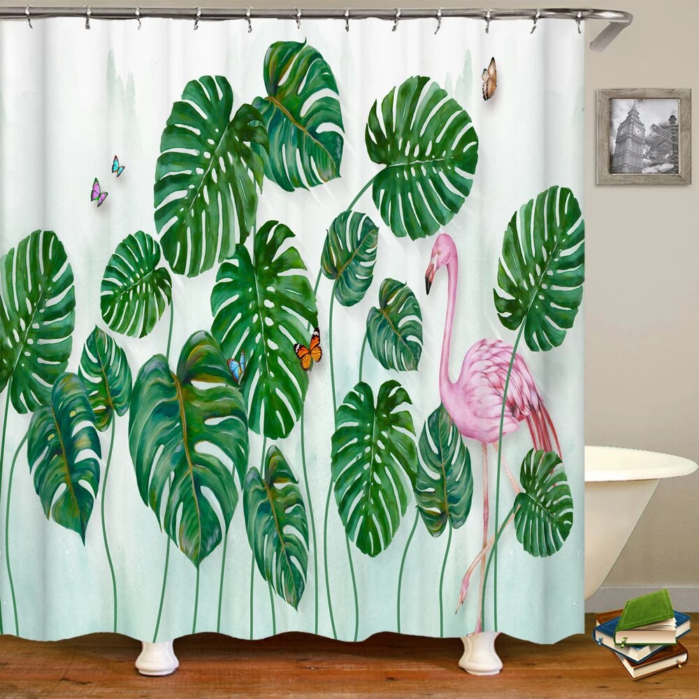 Flamingo Shower Curtain Tropical 3D Printing with Plants, Flowers, and Birds, Waterproof Polyester Bathroom Decor Curtain