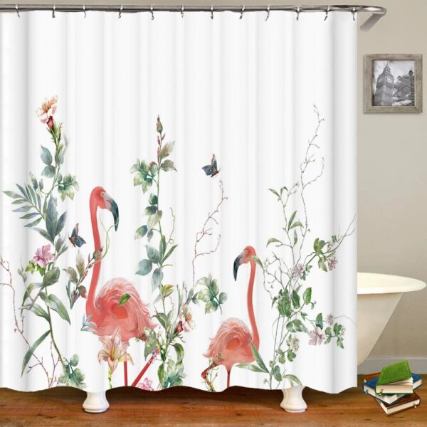 Flamingo Shower Curtain Tropical 3D Printing with Plants, Flowers, and Birds, Waterproof Polyester Bathroom Decor Curtain - Image 9