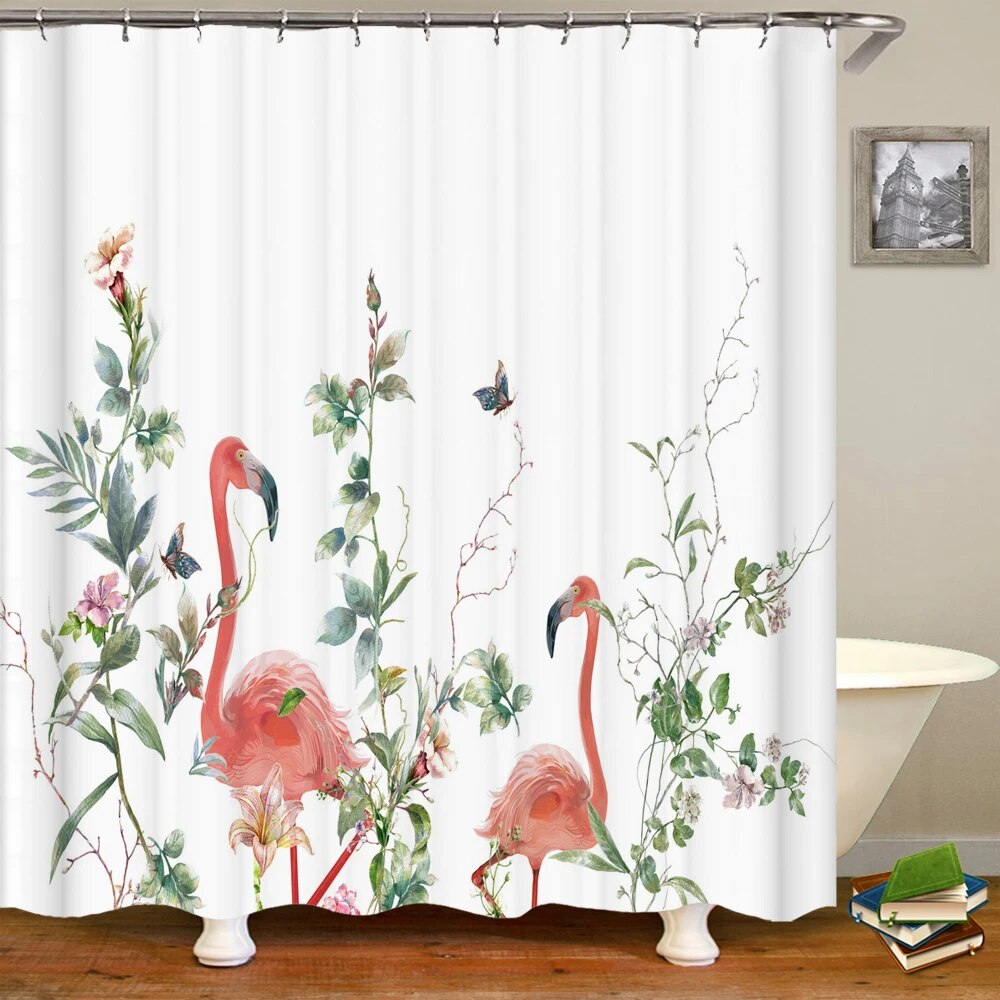Flamingo Shower Curtain Tropical 3D Printing with Plants, Flowers, and Birds, Waterproof Polyester Bathroom Decor Curtain