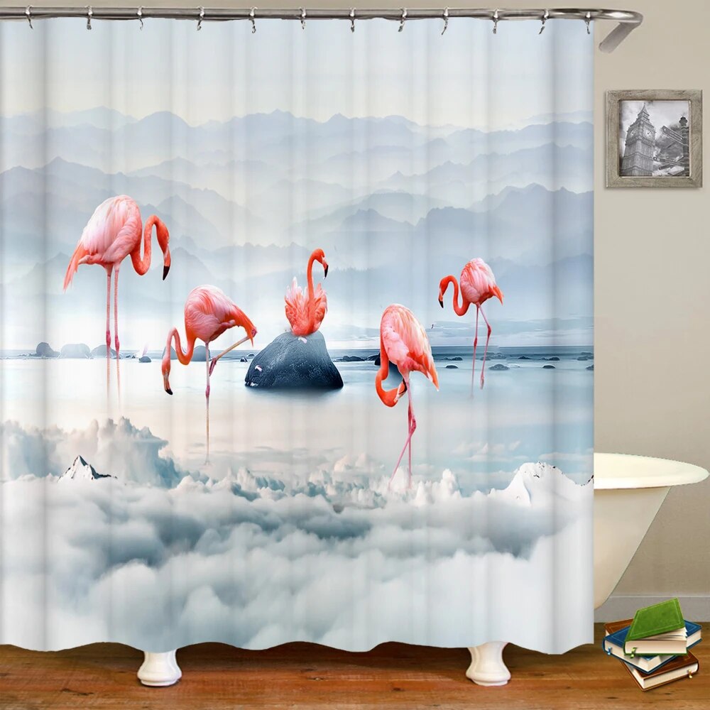 Flamingo Shower Curtain Tropical 3D Printing with Plants, Flowers, and Birds, Waterproof Polyester Bathroom Decor Curtain