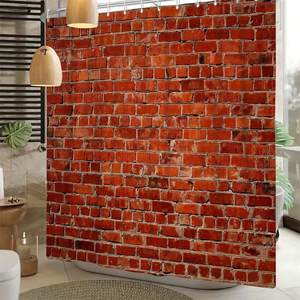 Red Shower Curtain Vintage Red Brick Design, Waterproof Polyester Bathroom Curtain with Hooks for Home Decor.
