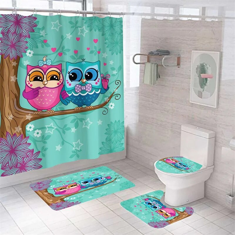 Bird Curtains Cartoon Owl 3D Print Shower Curtain, Waterproof Bath Mat Set, Toilet Rugs, Anti-slip Carpet for Home Decoration with Hooks