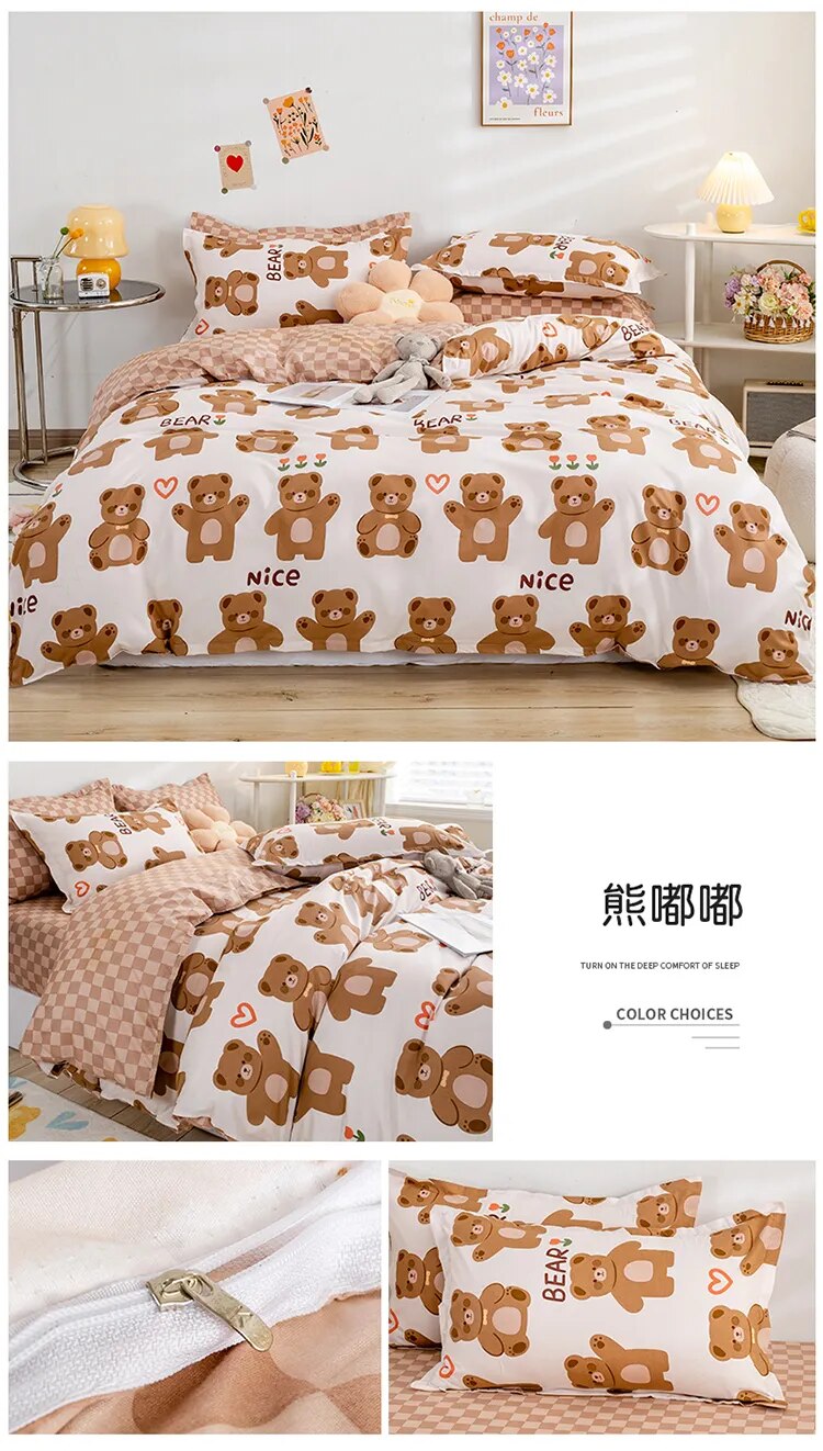 Kawaii Bed Sheets Adorable Bear-Themed Bedding Set for Kids in Single and Double Sizes