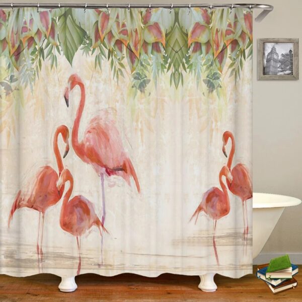 Flamingo Shower Curtain Tropical 3D Printing with Plants, Flowers, and Birds, Waterproof Polyester Bathroom Decor Curtain - Image 8