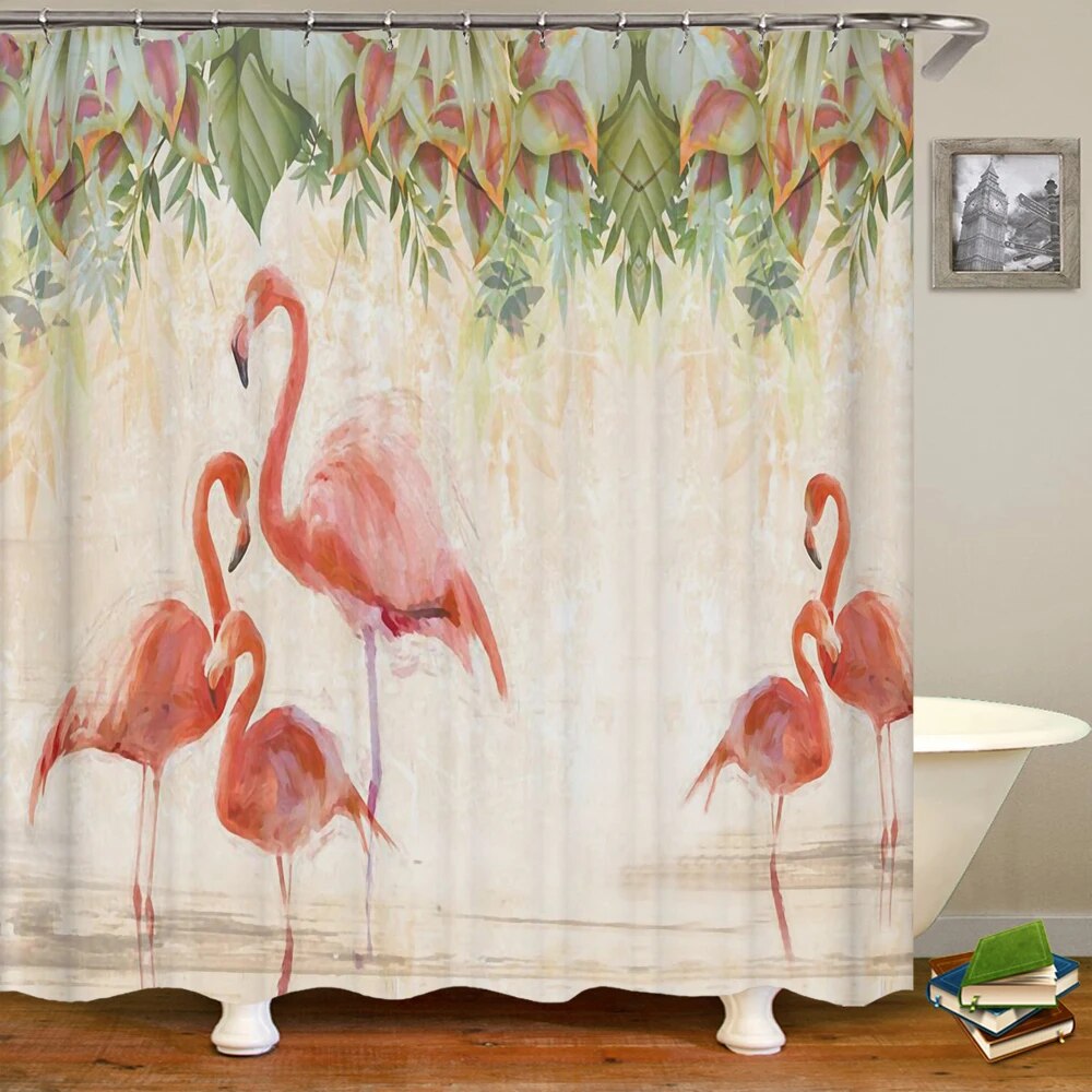 Flamingo Shower Curtain Tropical 3D Printing with Plants, Flowers, and Birds, Waterproof Polyester Bathroom Decor Curtain