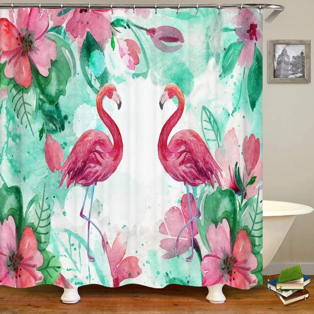 Flamingo Shower Curtain Tropical 3D Printing with Plants, Flowers, and Birds, Waterproof Polyester Bathroom Decor Curtain
