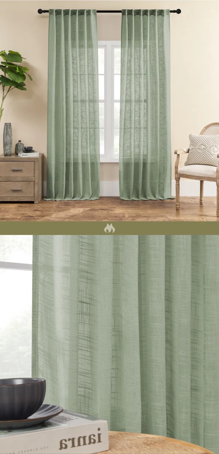 Green Linen Curtains Thick Linen Sheer Curtain Fabric for Sliding Doors, Window Screening, and Long Curtains