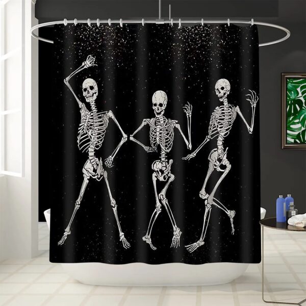 Skull Shower Curtain Funny Halloween Dance Party Skeleton Cartoon Design for a Vintage Bathroom